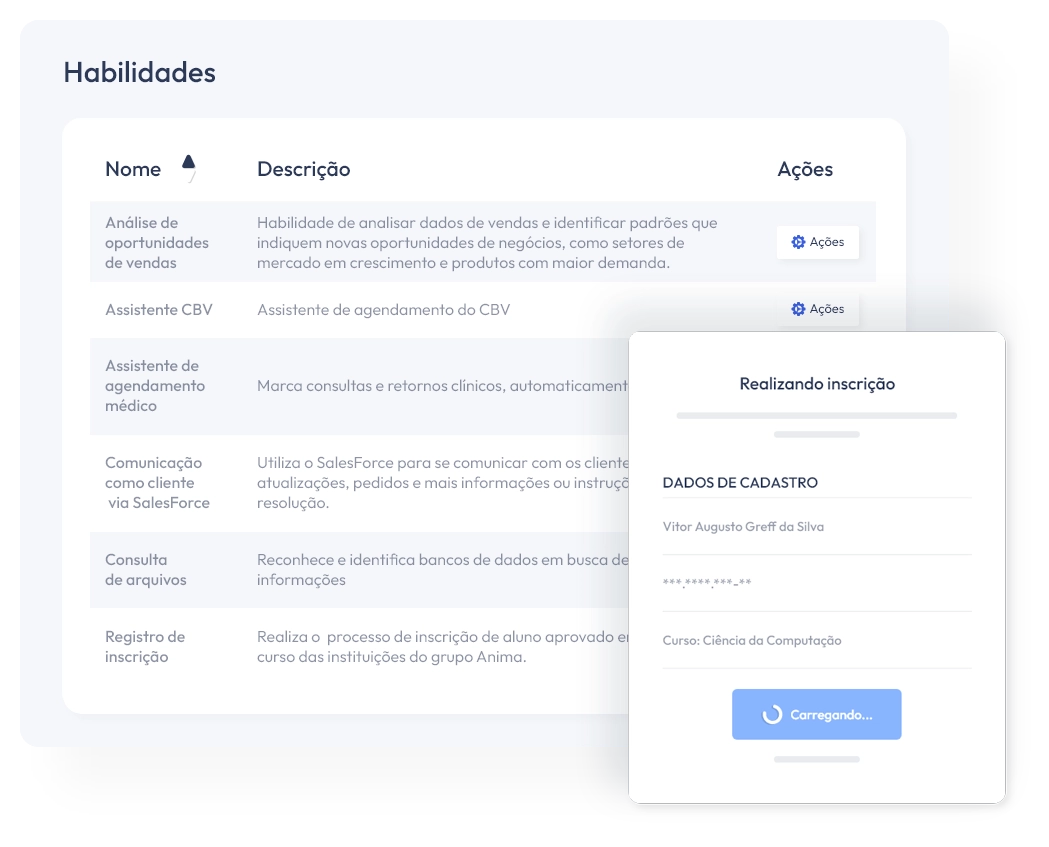 Catálogo de habilidades de agentes de IA e um card de inscrição processada automaticamente